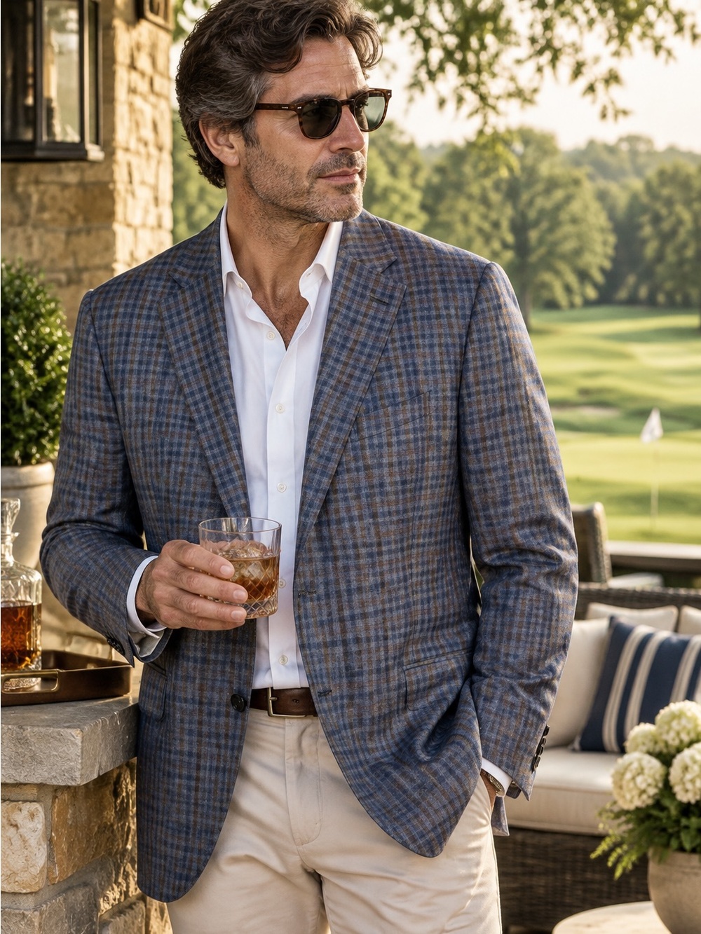 PETER MILLAR Blue/Brown/Gray Check Two-Button Men's Luxury Sport Coat, 48R